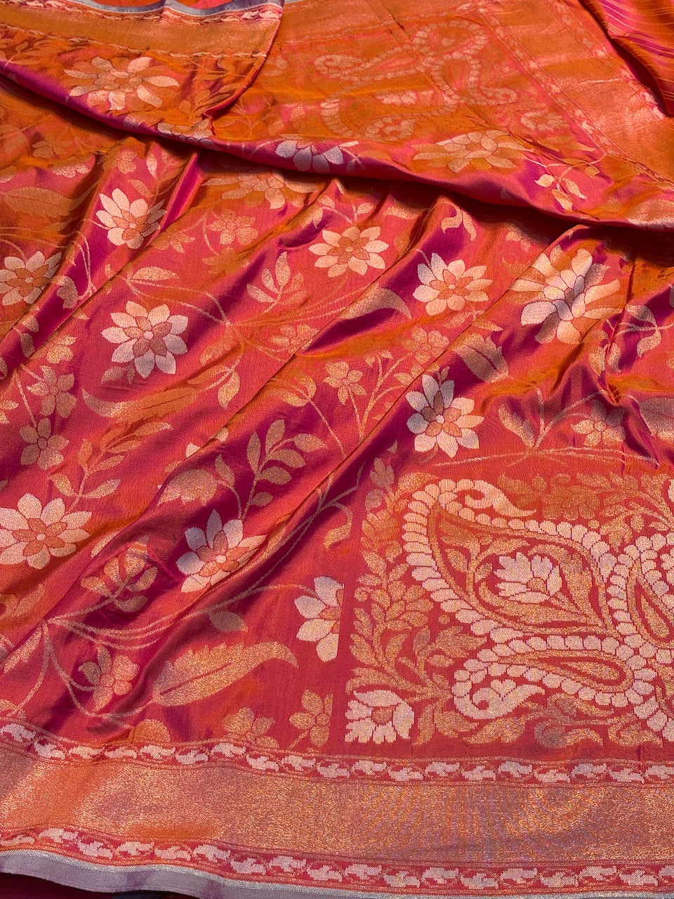 Coral Orange Silk Jamdani Saree with Zari Weaves