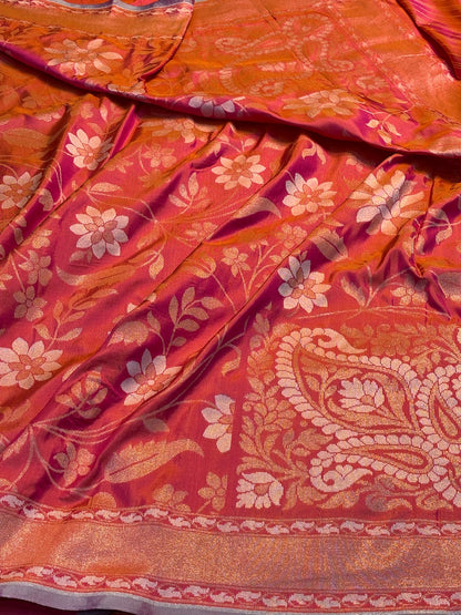 Coral Orange Silk Jamdani Saree with Zari Weaves