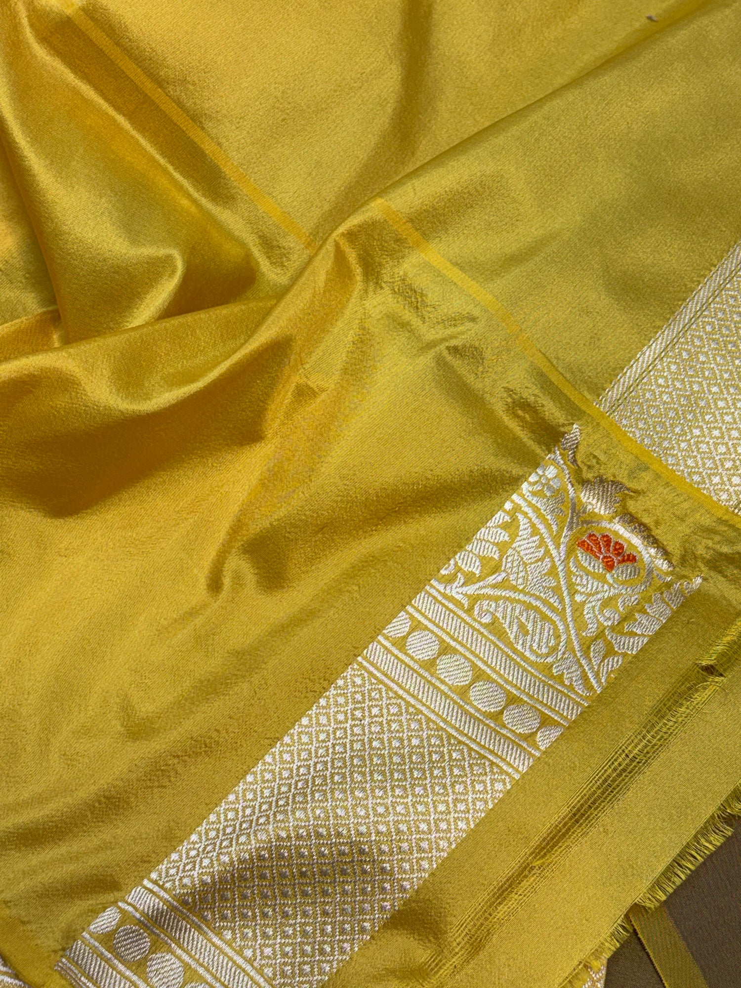 Wine &amp; Yellow Kadhiyal Banarasi Katan Silk Saree