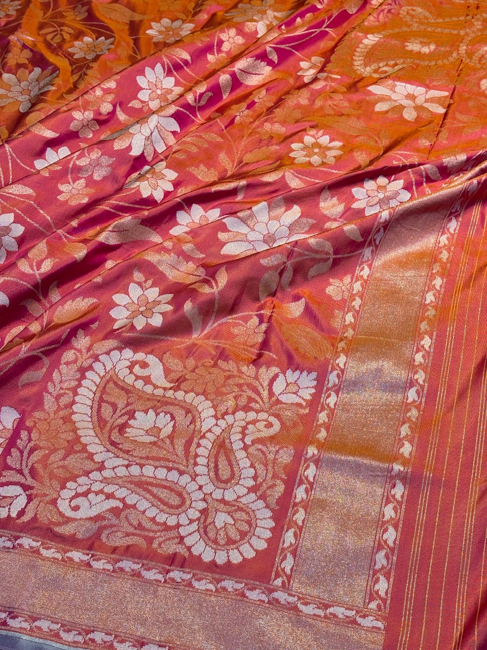 Coral Orange Silk Jamdani Saree with Zari Weaves