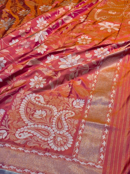 Coral Orange Silk Jamdani Saree with Zari Weaves