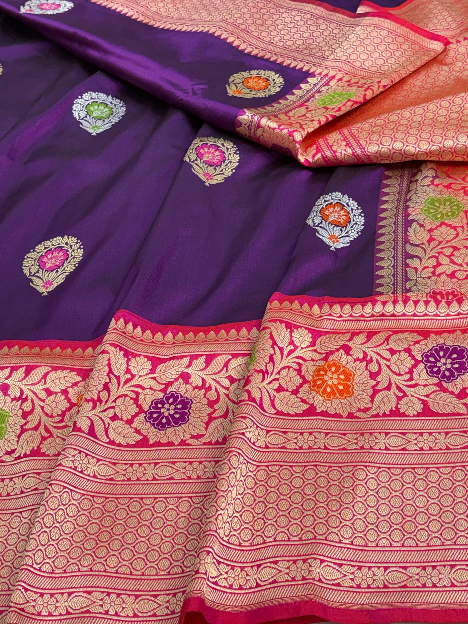 Purple Banarasi Katan Silk Saree with Pink Border