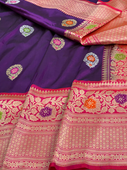 Purple Banarasi Katan Silk Saree with Pink Border