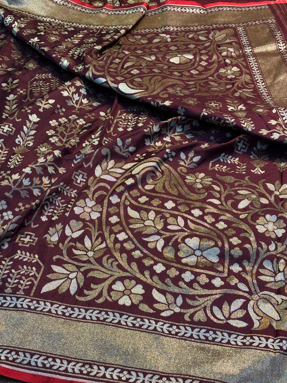 Wine Silk Jamdani Saree with Zari Weaves