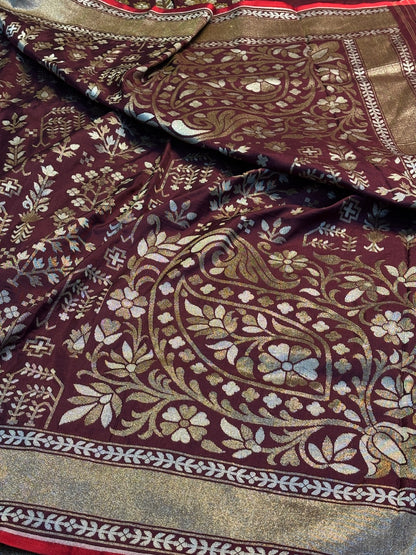 Wine Silk Jamdani Saree with Zari Weaves