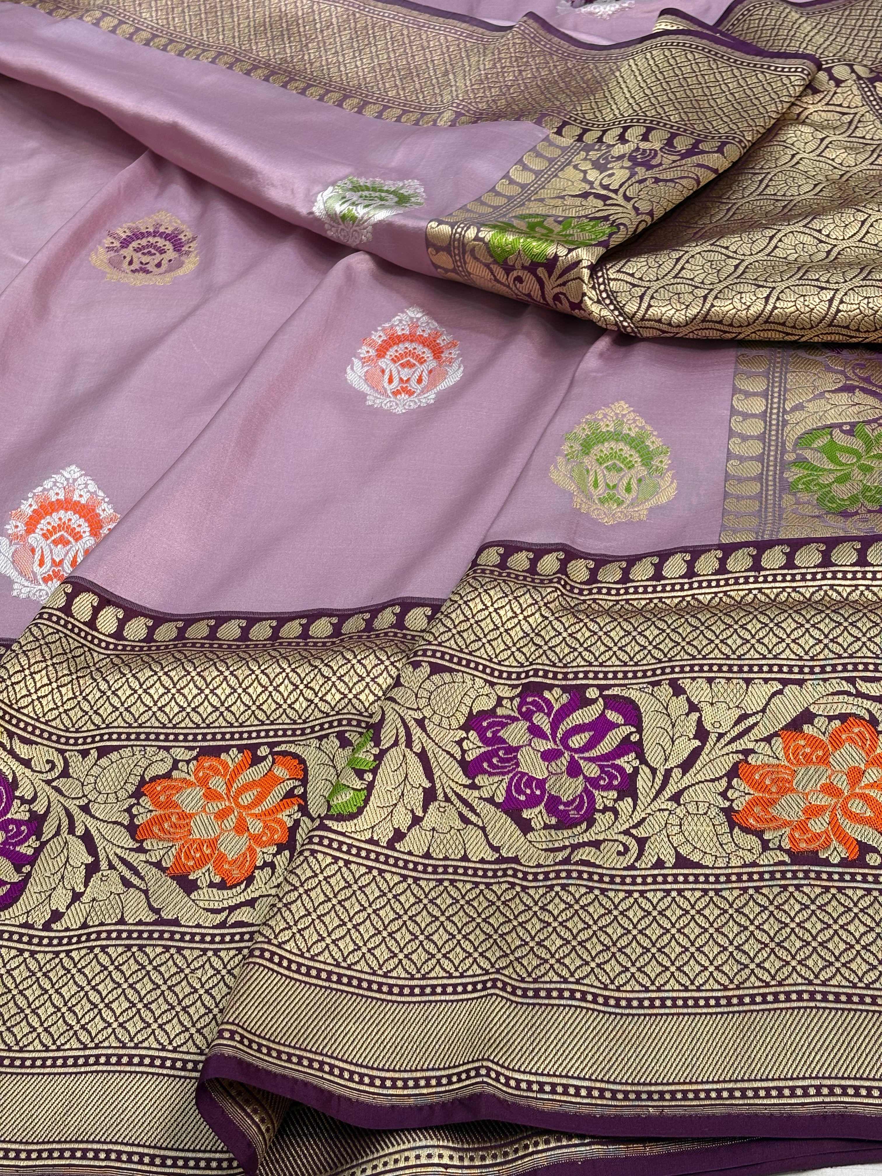 Lavender Kadhiyal Banarasi Katan Silk Saree with Purple Border