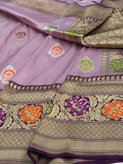 Lavender Kadhiyal Banarasi Katan Silk Saree with Purple Border