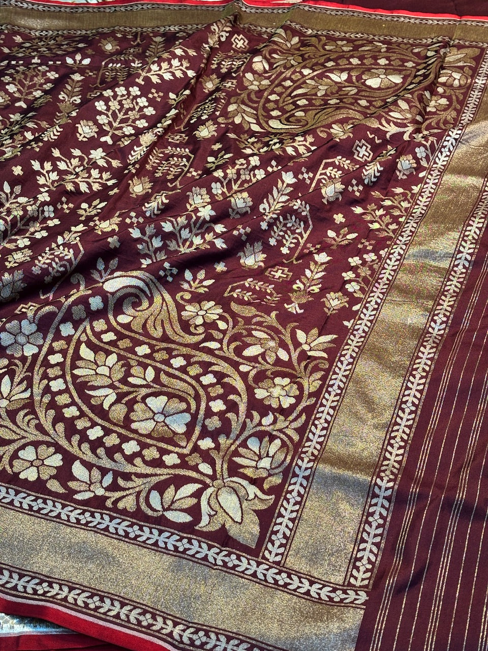 Wine Silk Jamdani Saree with Zari Weaves