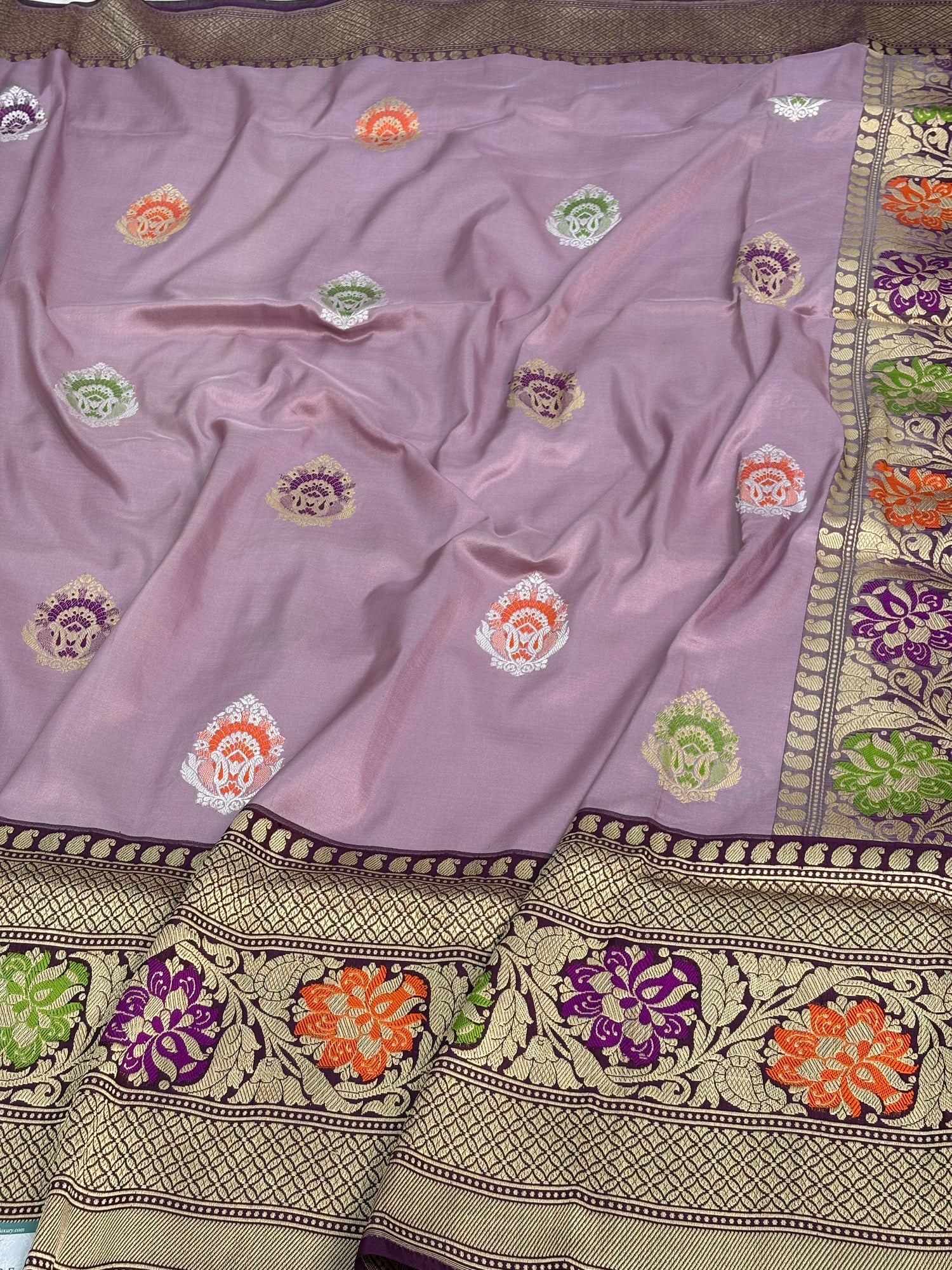 Lavender Kadhiyal Banarasi Katan Silk Saree with Purple Border