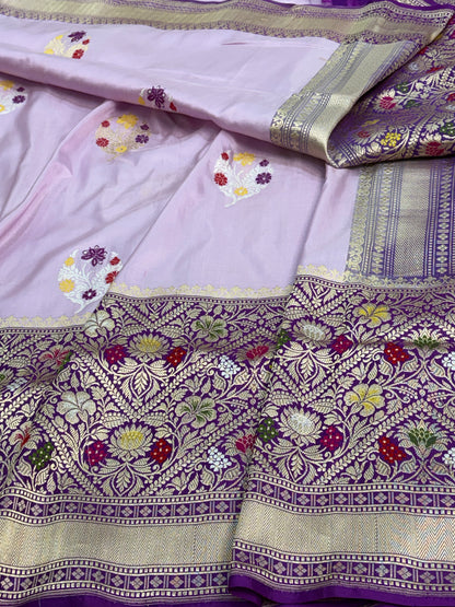 Lavender Kadhiyal Banarasi Katan Silk Saree with Purple Border