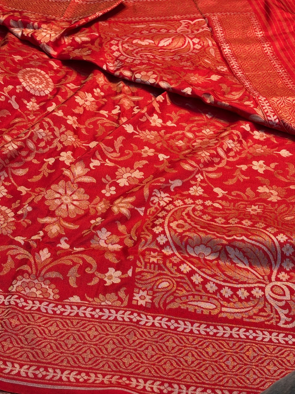 Red Silk Jamdani Saree with Zari Weaves
