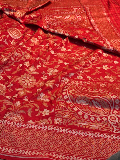 Red Silk Jamdani Saree with Zari Weaves
