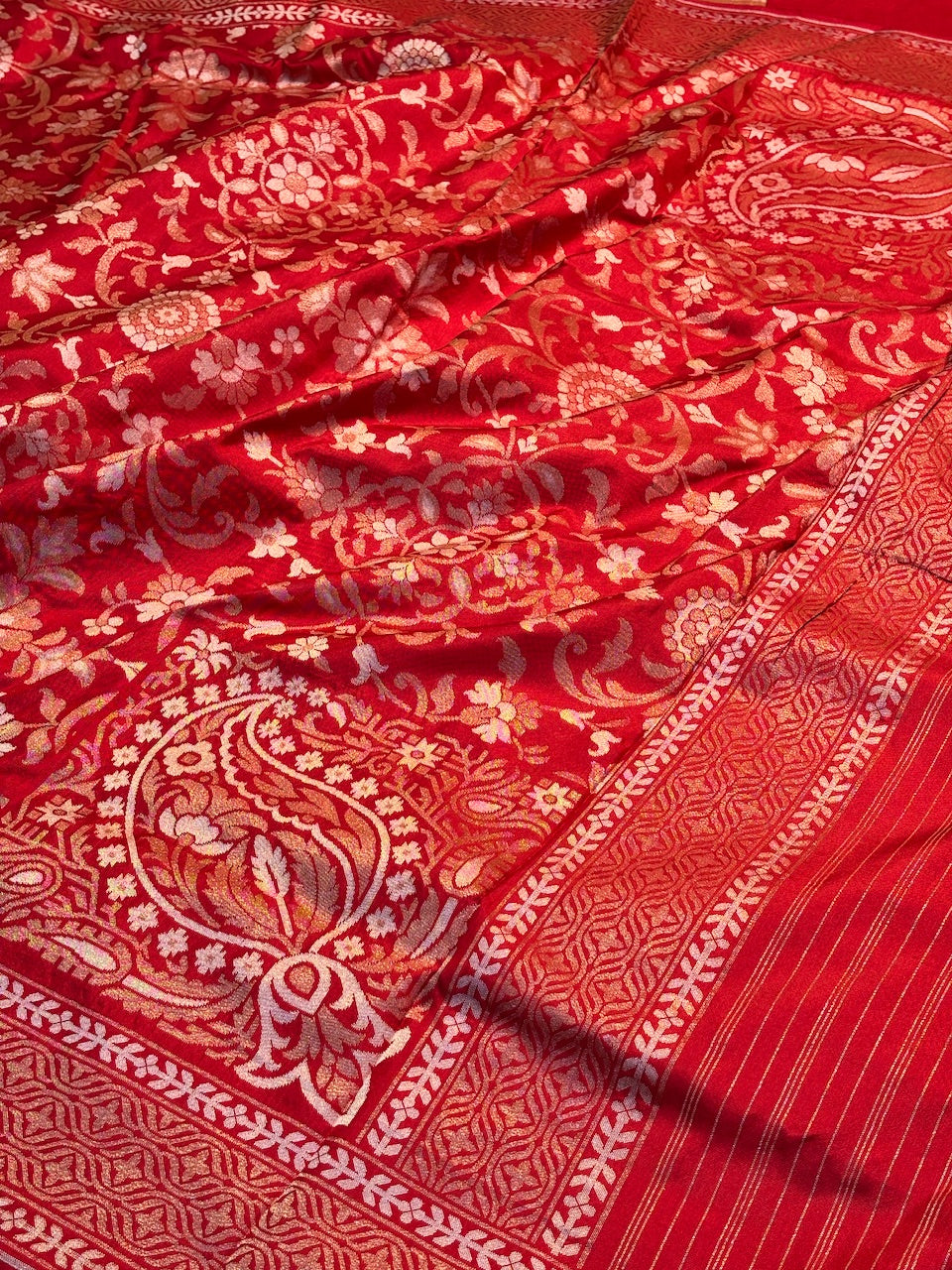 Red Silk Jamdani Saree with Zari Weaves