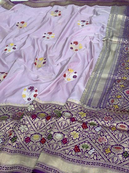 Lavender Kadhiyal Banarasi Katan Silk Saree with Purple Border