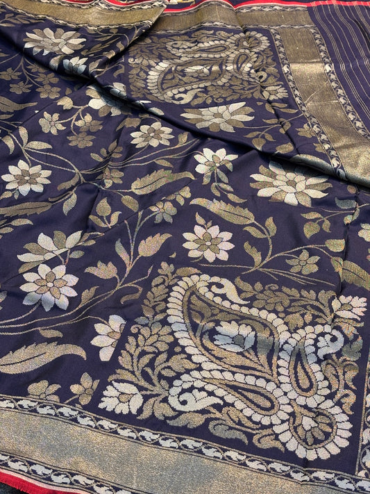 Midnight Navy Blue Silk Jamdani Saree with Zari Weaves
