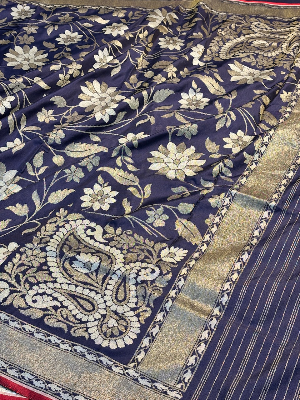 Midnight Navy Blue Silk Jamdani Saree with Zari Weaves
