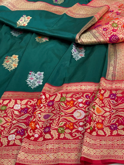 Green Banarasi Kadhiyal Katan Silk Saree with Red Border