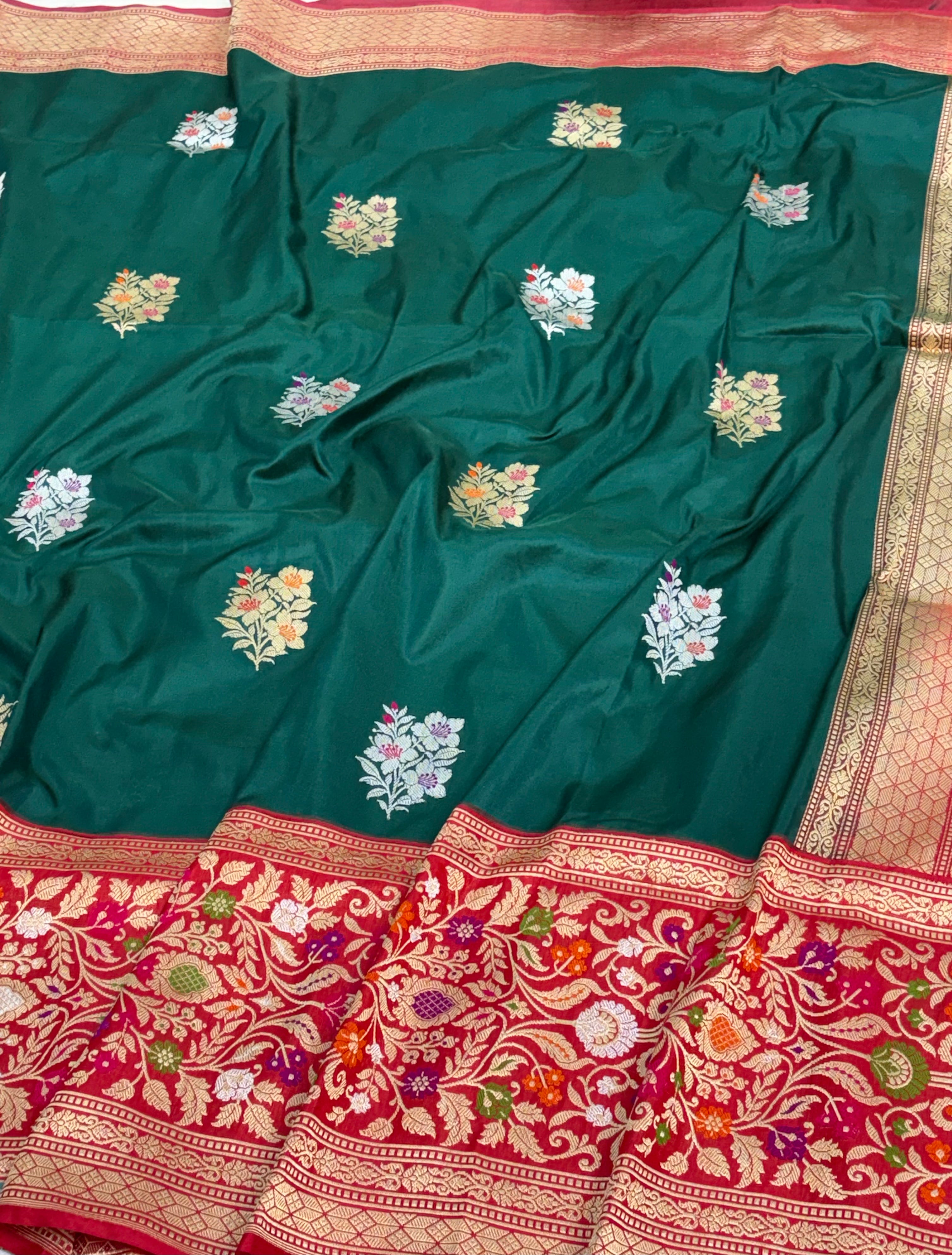Green Banarasi Kadhiyal Katan Silk Saree with Red Border