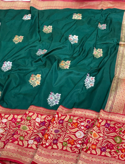 Green Banarasi Kadhiyal Katan Silk Saree with Red Border
