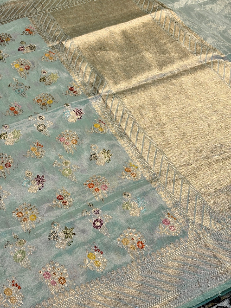 Ice Blue Tissue Banarasi Silk Handwoven Saree