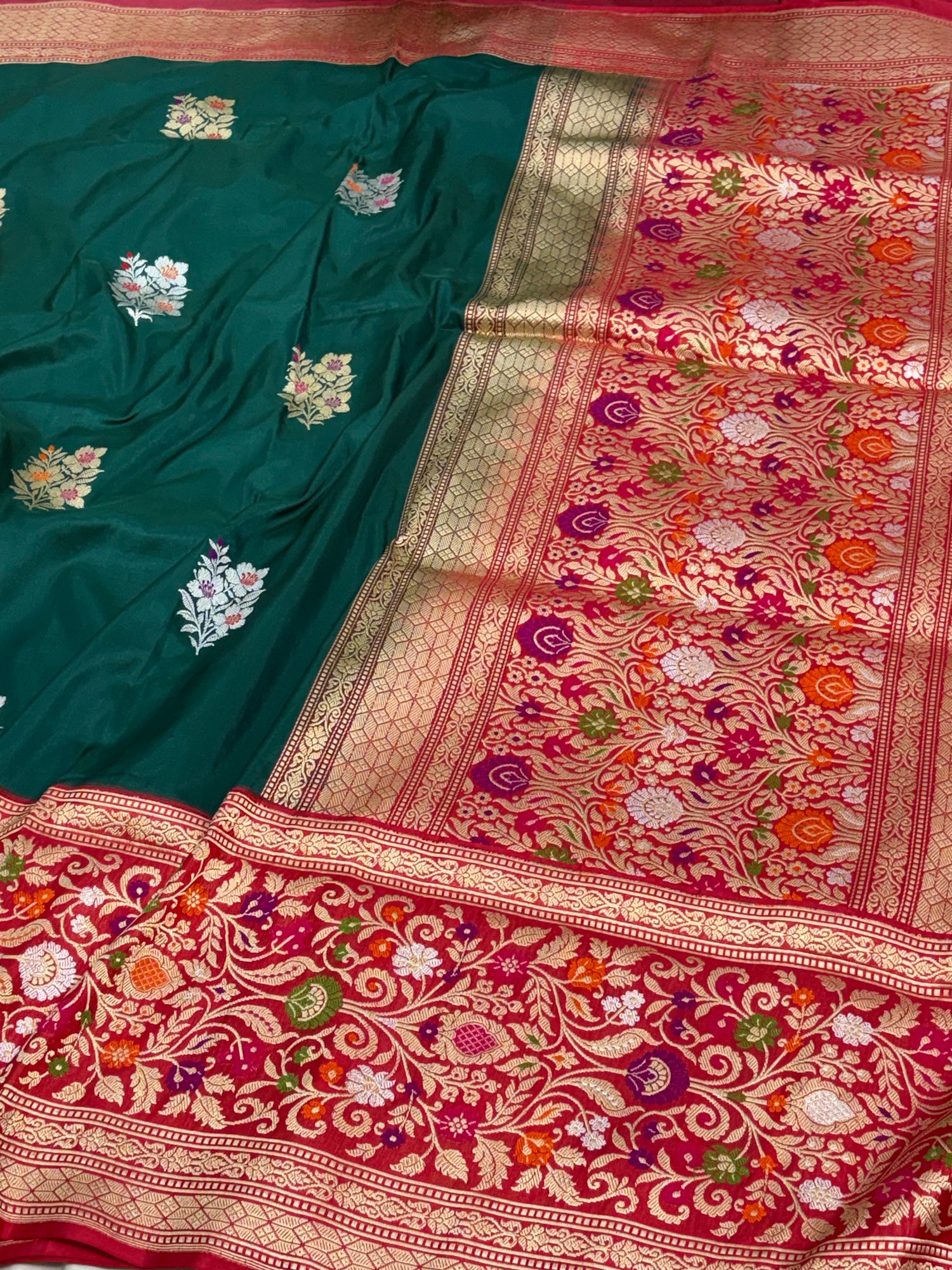 Green Banarasi Kadhiyal Katan Silk Saree with Red Border
