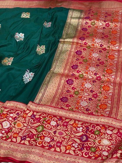 Green Banarasi Kadhiyal Katan Silk Saree with Red Border