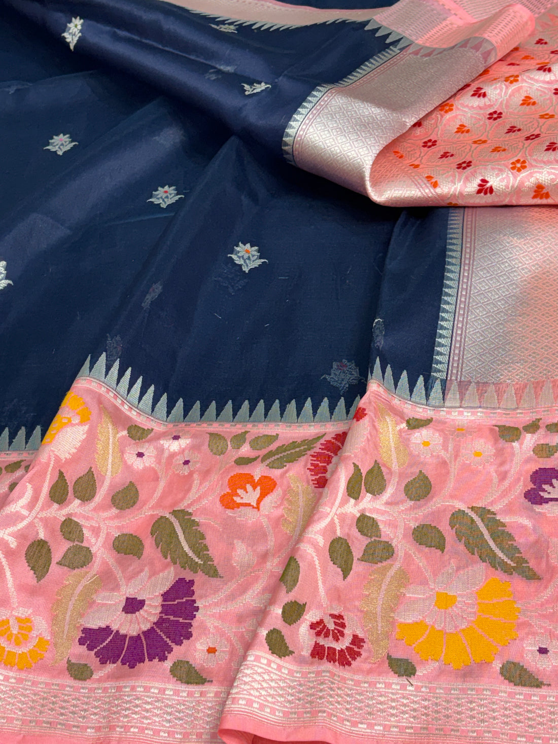 Navy Blue Kora Kadhiyal Banarasi Saree with Baby Pink Katan Silk Border