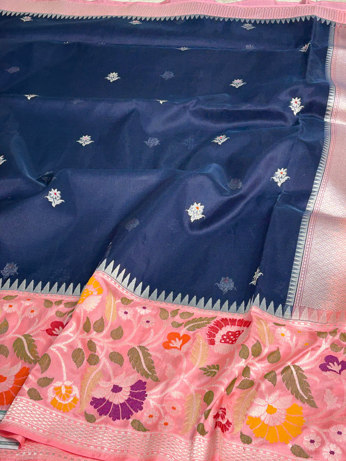 Navy Blue Kora Kadhiyal Banarasi Saree with Baby Pink Katan Silk Border