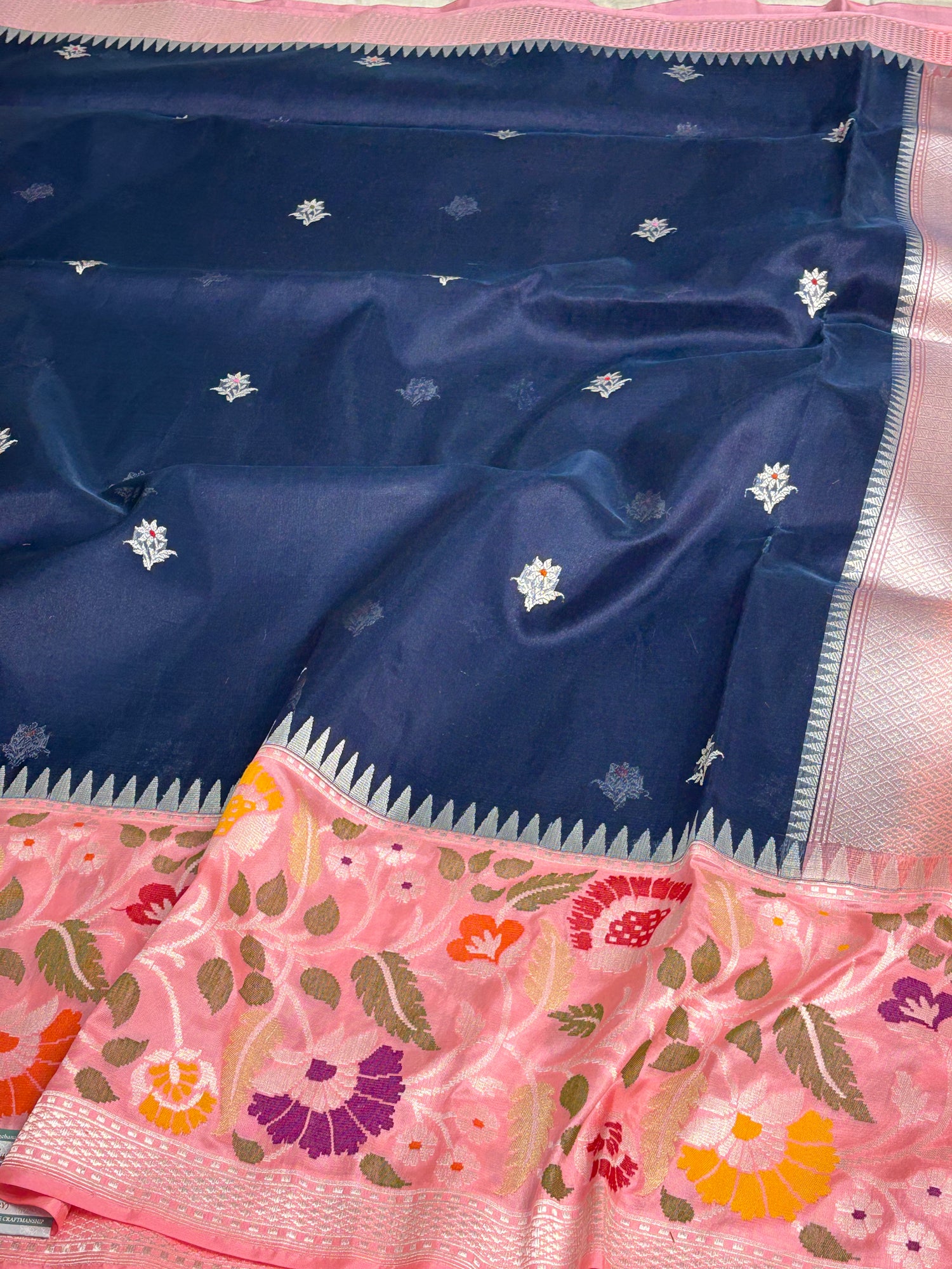 Navy Blue Kora Kadhiyal Banarasi Saree with Baby Pink Katan Silk Border
