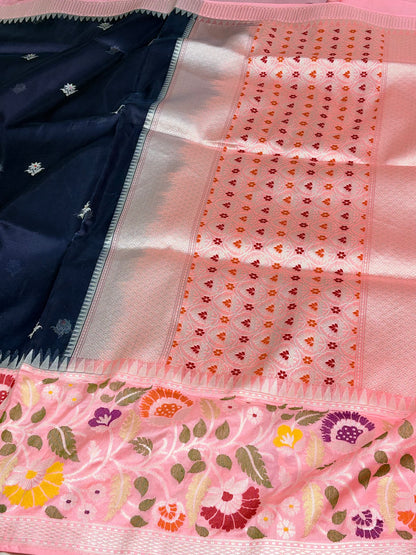 Navy Blue Kora Kadhiyal Banarasi Saree with Baby Pink Katan Silk Border