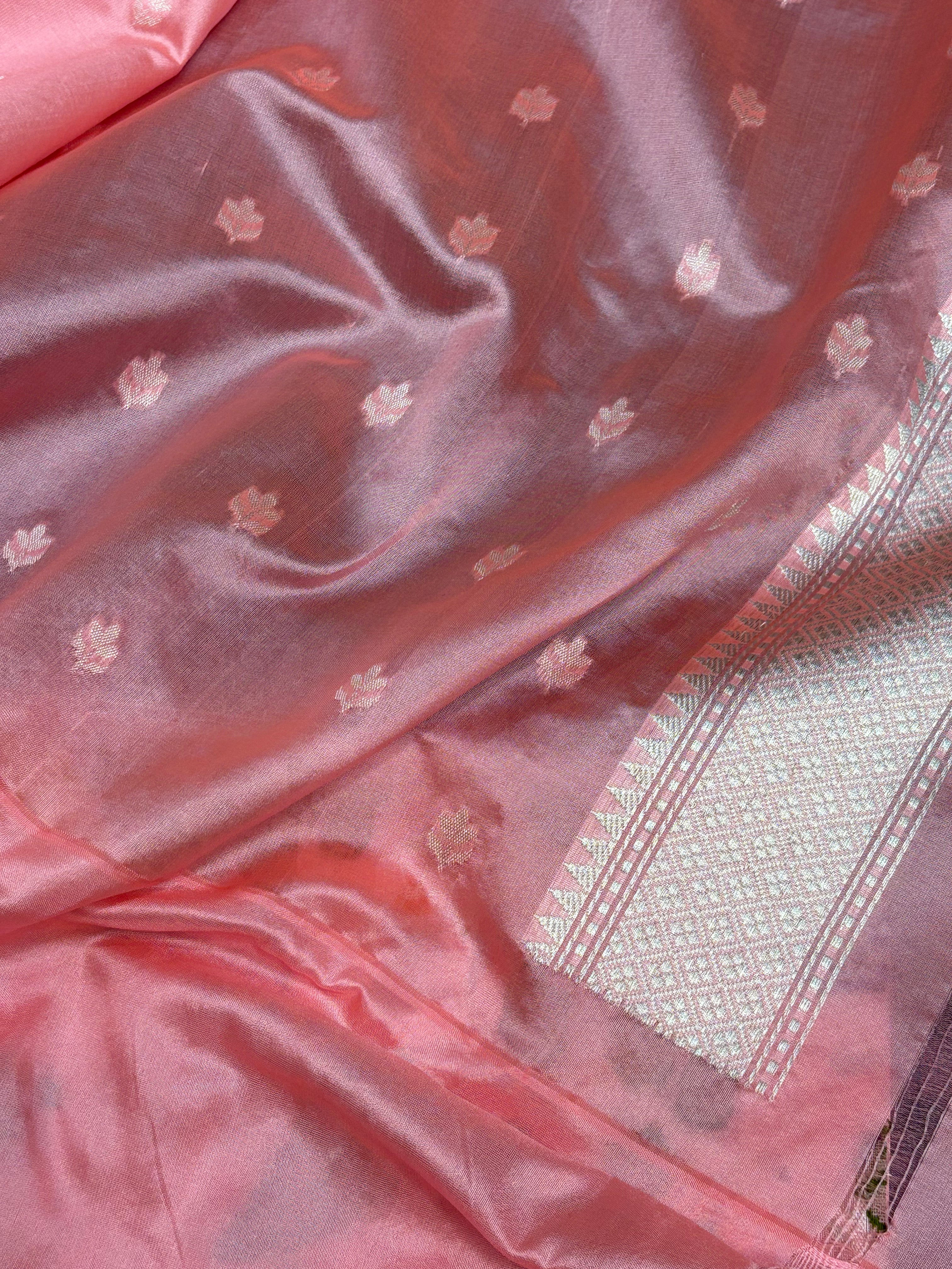 Navy Blue Kora Kadhiyal Banarasi Saree with Baby Pink Katan Silk Border