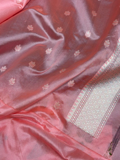 Navy Blue Kora Kadhiyal Banarasi Saree with Baby Pink Katan Silk Border
