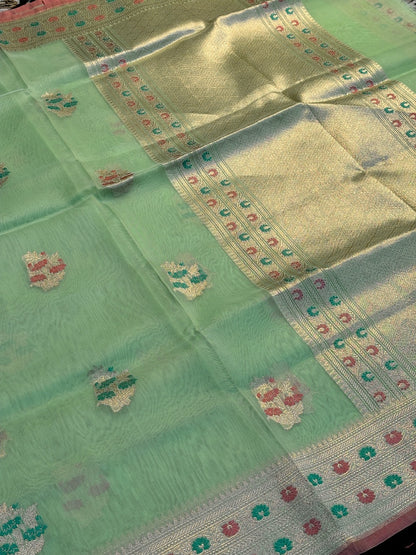 Fresh Leaf Green Banarasi Kora Silk Handwoven Saree