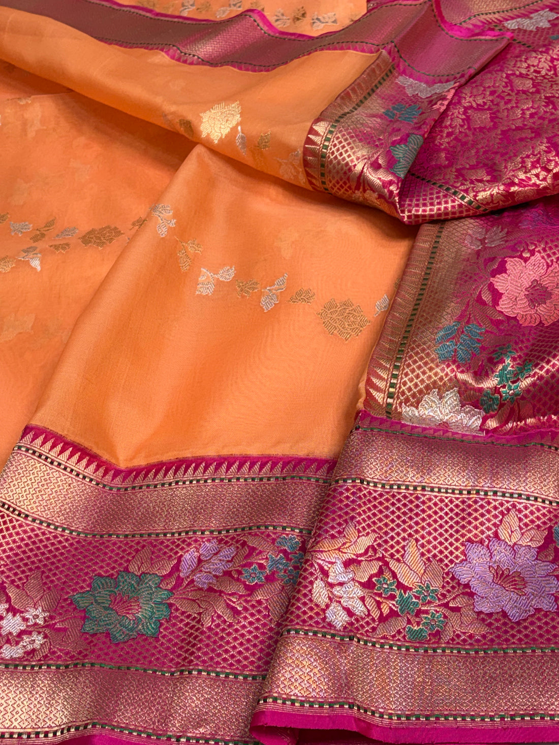 Orange Kora Kadhiyal Banarasi Saree with Pink Katan Silk Border