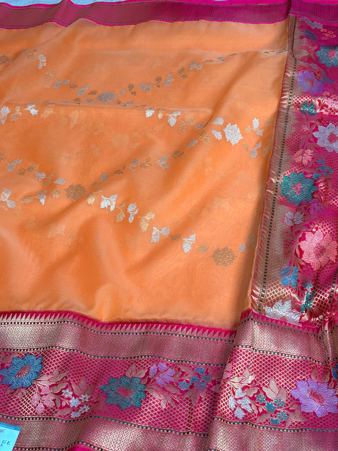 Orange Kora Kadhiyal Banarasi Saree with Pink Katan Silk Border