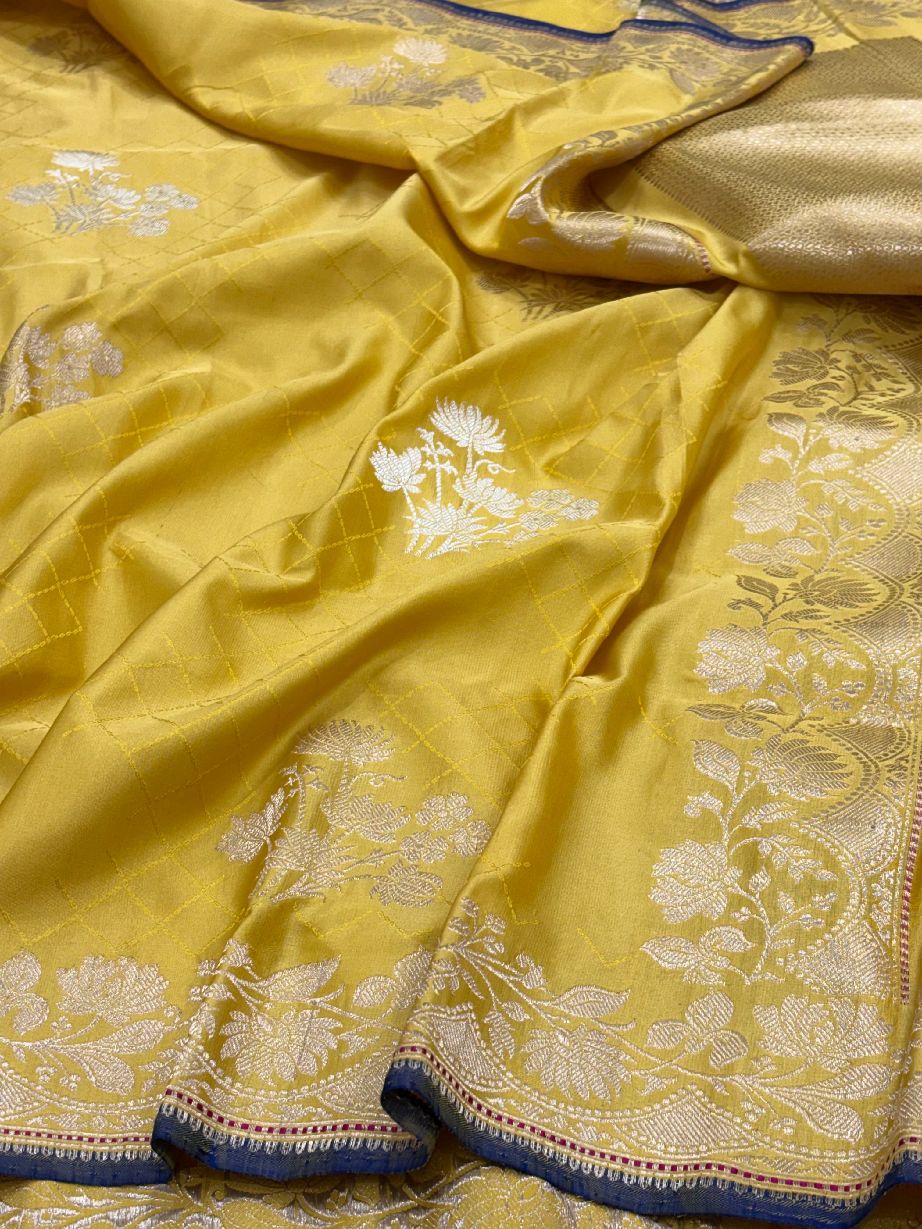 Yellow Banarasi Satin Silk Handwoven Saree