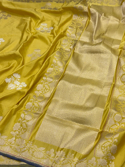 Yellow Banarasi Satin Silk Handwoven Saree