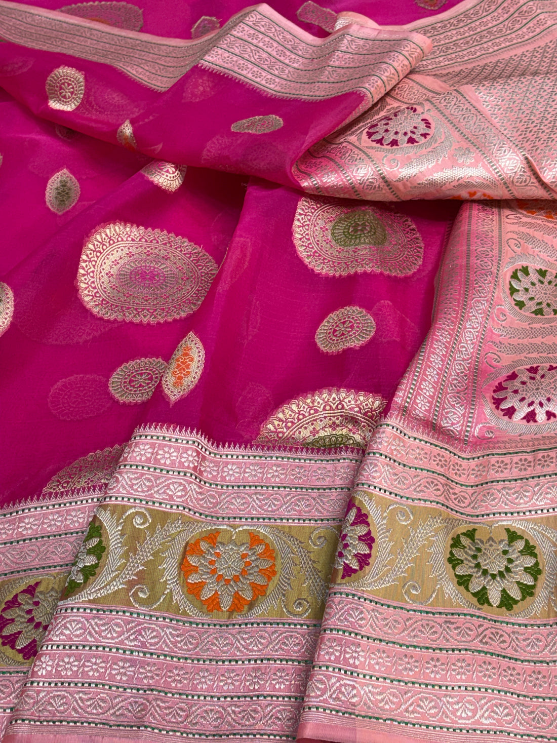 Pink Kora Banarasi Saree with Baby Pink Kadhiyal Katan Silk Border