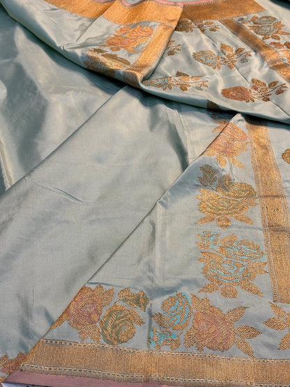 Grey Pure Banarasi Katan Silk handloom Saree