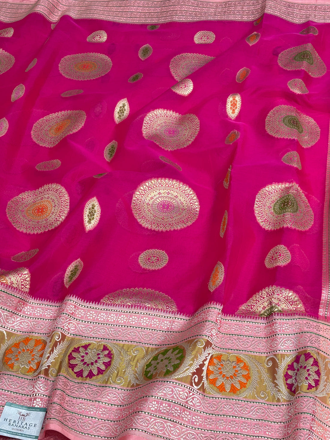 Pink Kora Banarasi Saree with Baby Pink Kadhiyal Katan Silk Border