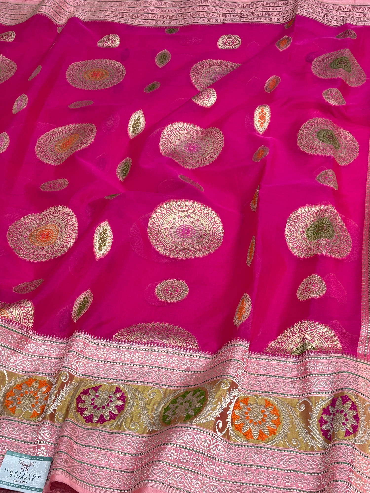 Pink Kora Banarasi Saree with Baby Pink Kadhiyal Katan Silk Border
