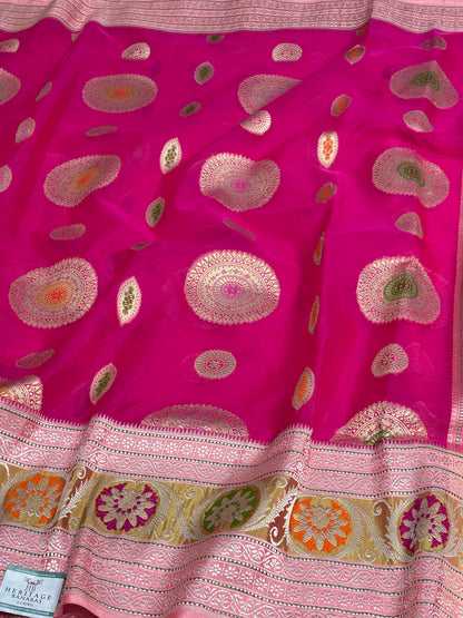 Pink Kora Banarasi Saree with Baby Pink Kadhiyal Katan Silk Border