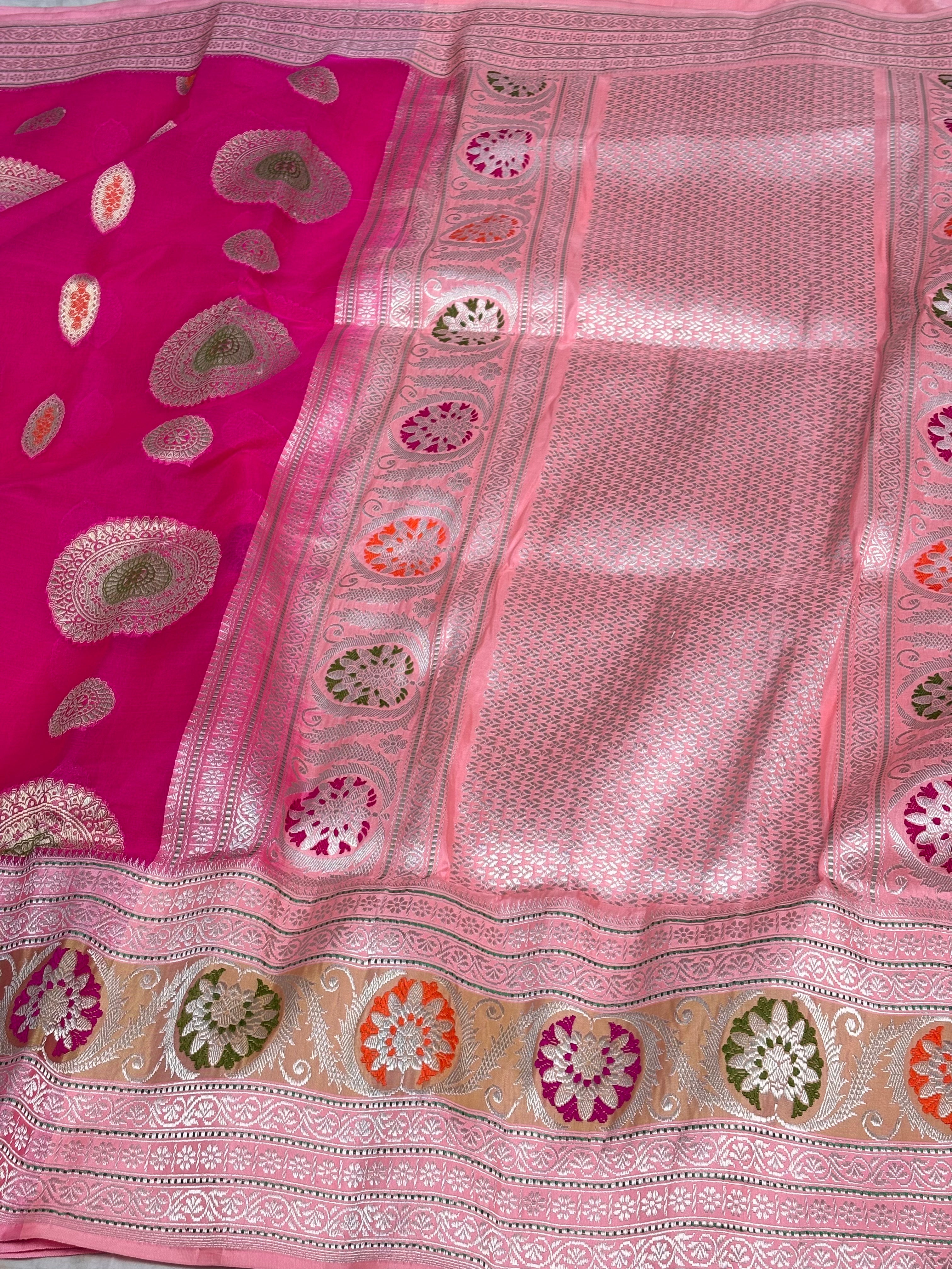 Pink Kora Banarasi Saree with Baby Pink Kadhiyal Katan Silk Border