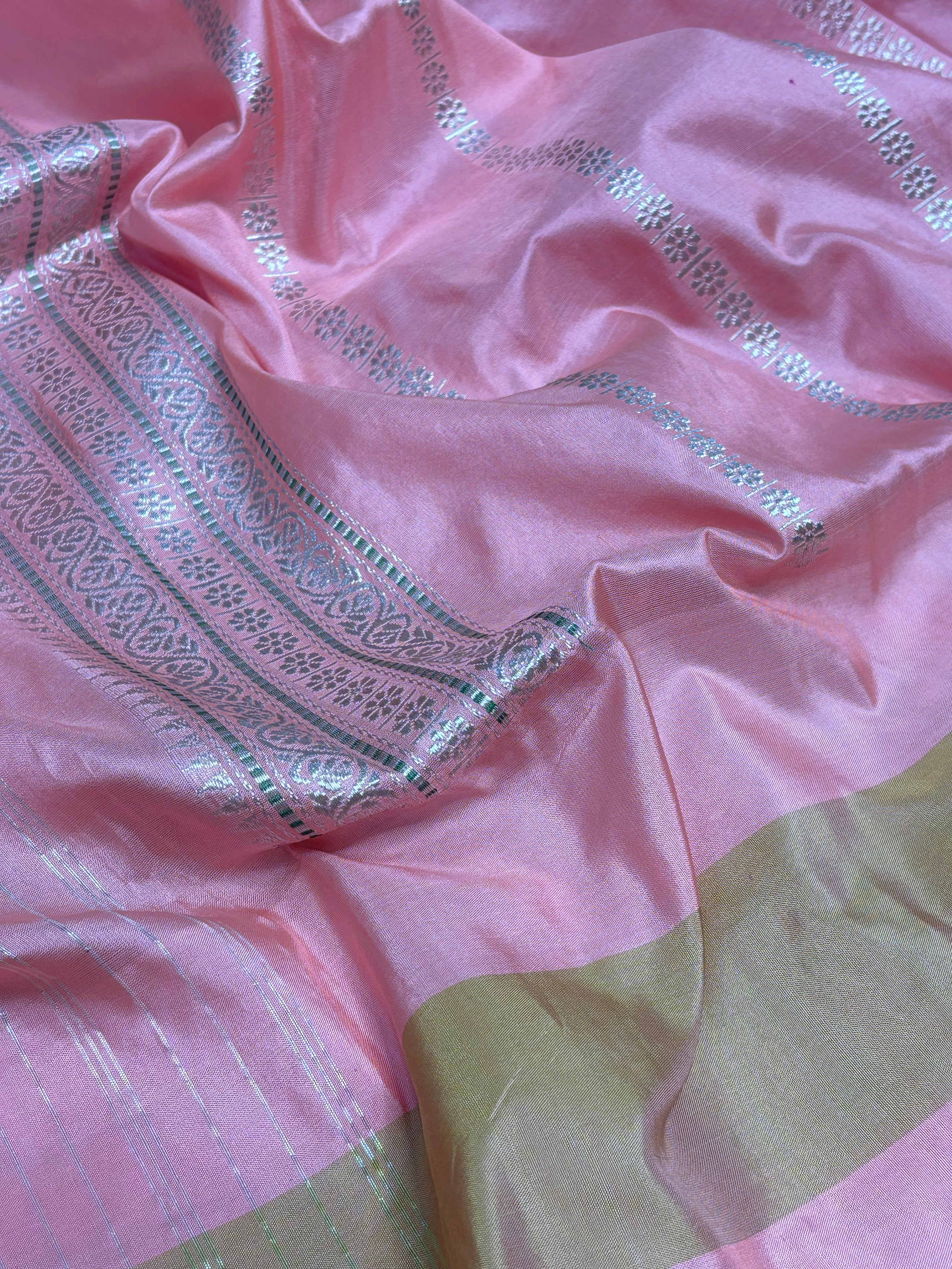 Pink Kora Banarasi Saree with Baby Pink Kadhiyal Katan Silk Border
