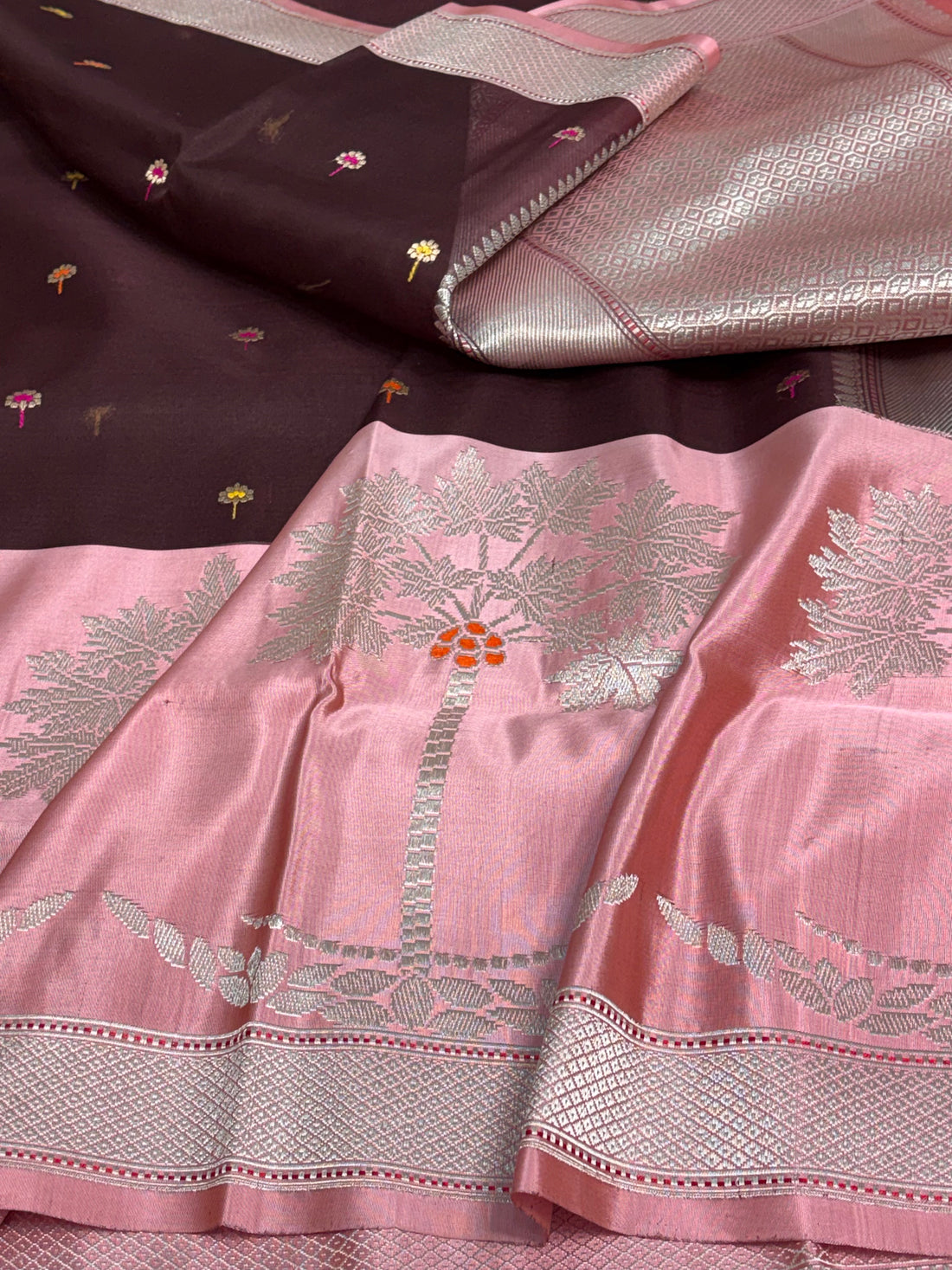 Wine Kadhiyal Banarasi Kora Silk Saree with Katan Baby Pink Border