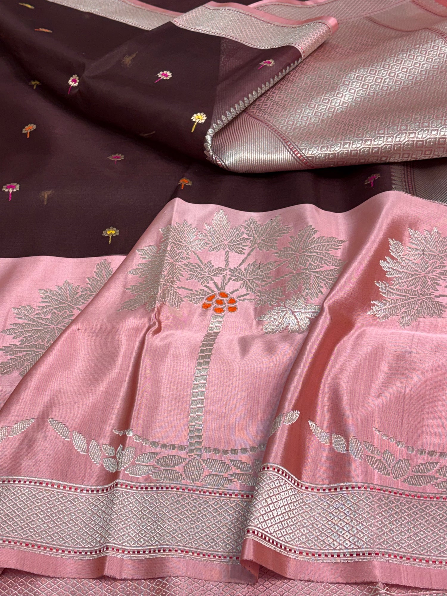 Wine Kadhiyal Banarasi Kora Silk Saree with Katan Baby Pink Border