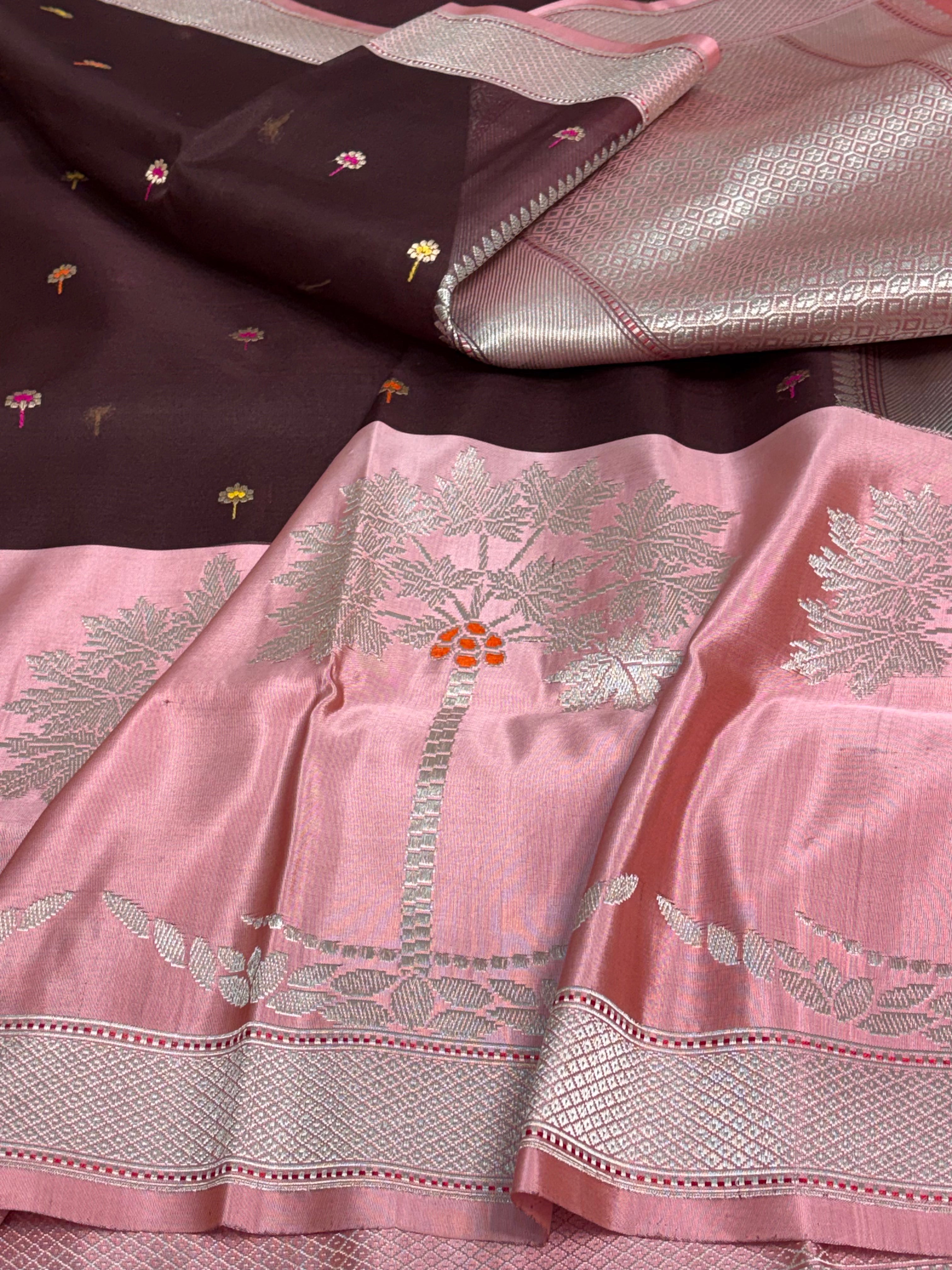Wine Kadhiyal Banarasi Kora Silk Saree with Katan Baby Pink Border