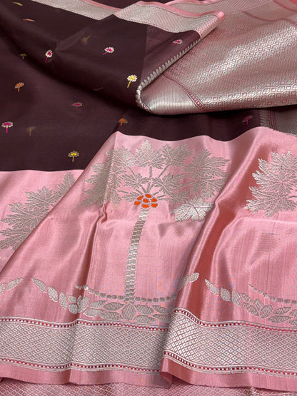 Wine Kadhiyal Banarasi Kora Silk Saree with Katan Baby Pink Border