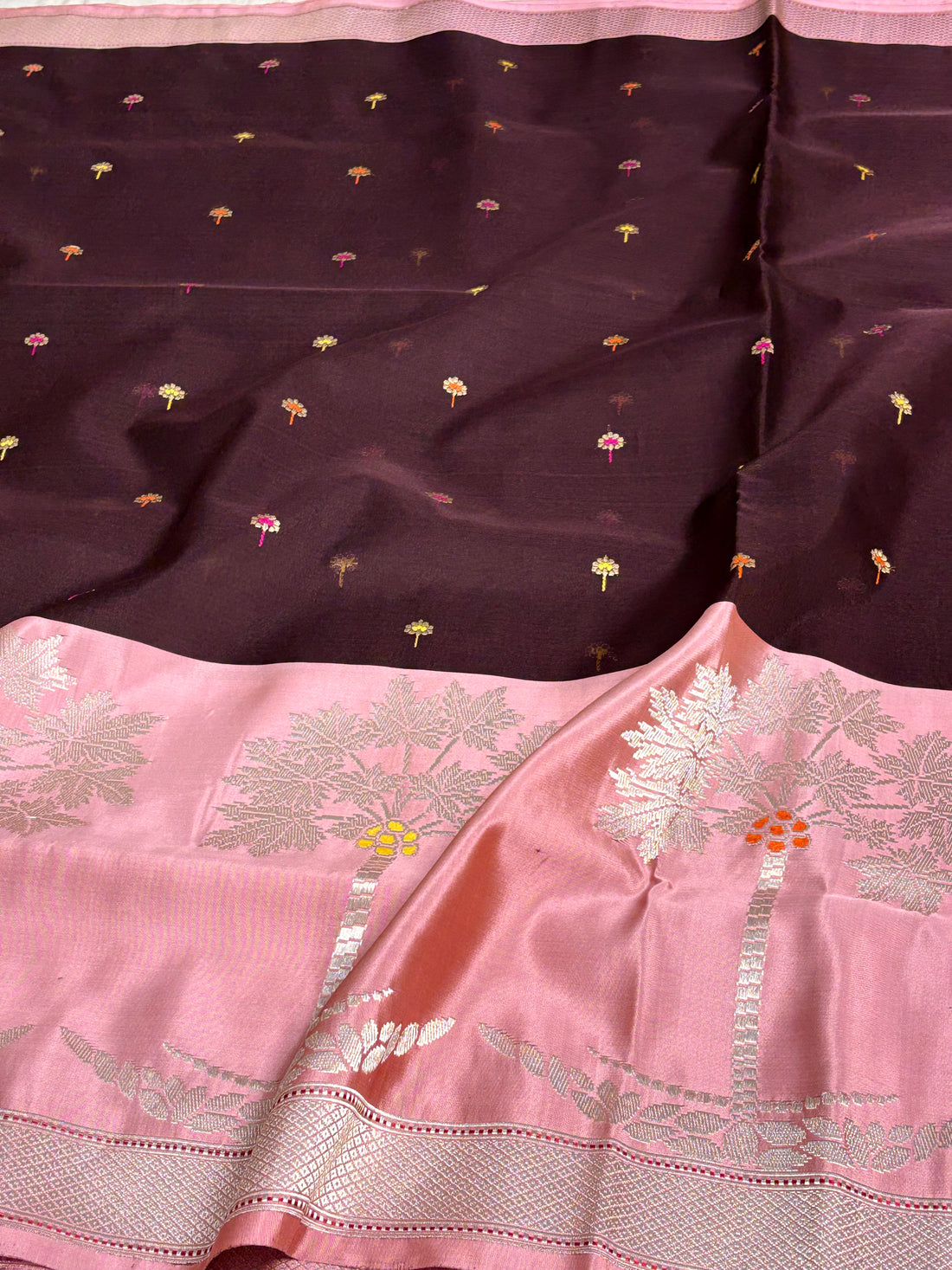 Wine Kadhiyal Banarasi Kora Silk Saree with Katan Baby Pink Border