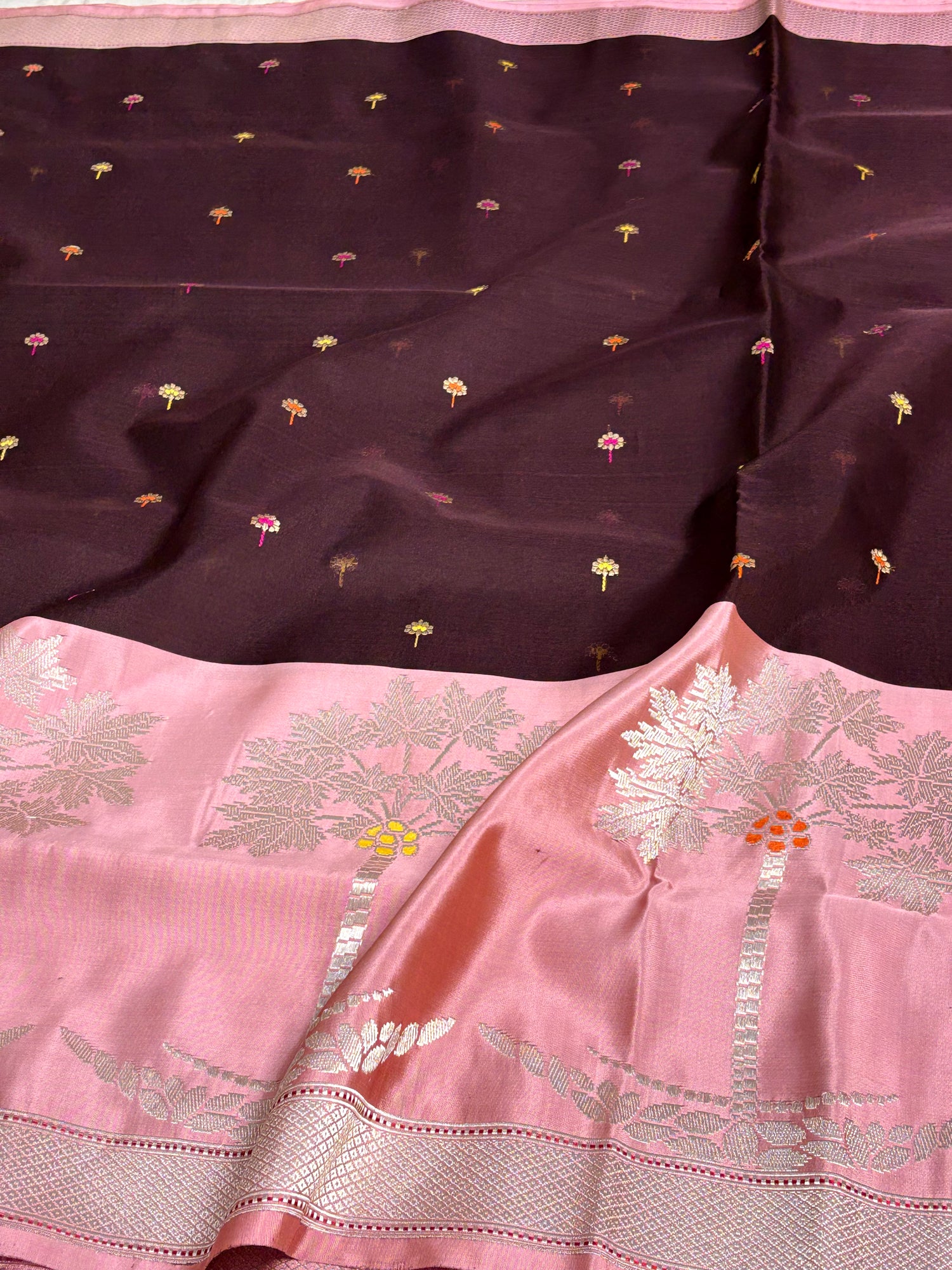 Wine Kadhiyal Banarasi Kora Silk Saree with Katan Baby Pink Border
